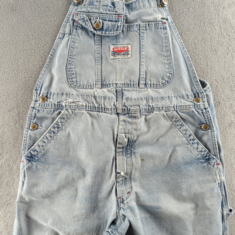 Vintage 90s Ikeda Overalls Mens Medium 34 Blue Light Wash Carpenter Faded Wide